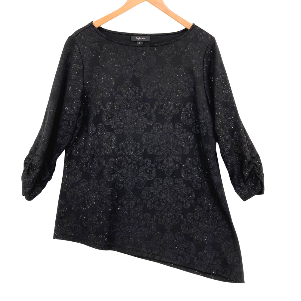 Style&co. Women's Black Festive Shine Flocked Asymmetrical Blouse Large